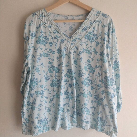 Garnet Hill Green Floral Organic Cotton T Shirt XL Lightweight Loungewear Top - Picture 9 of 9